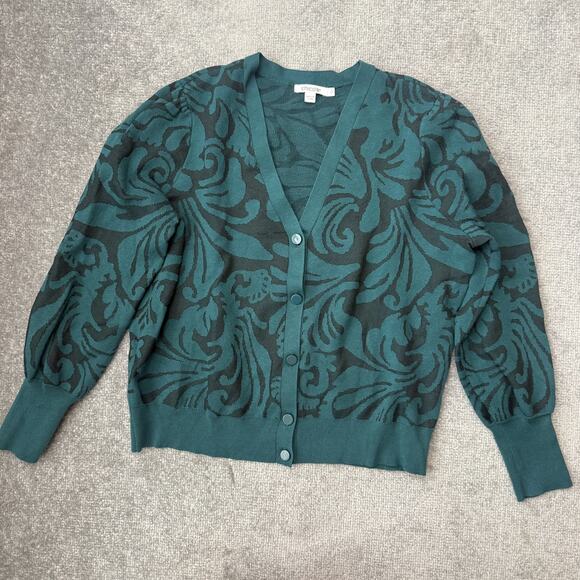 Chicos Sweater Womens Large Green Black Button Front Cardigan Floral Knit - Picture 1 of 7